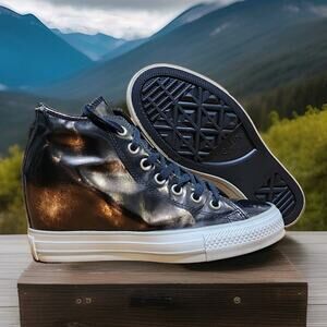 Converse All Star Lux Gun Metal Leather Hidden Wedge Shoes Sneakers Women's Sz 8